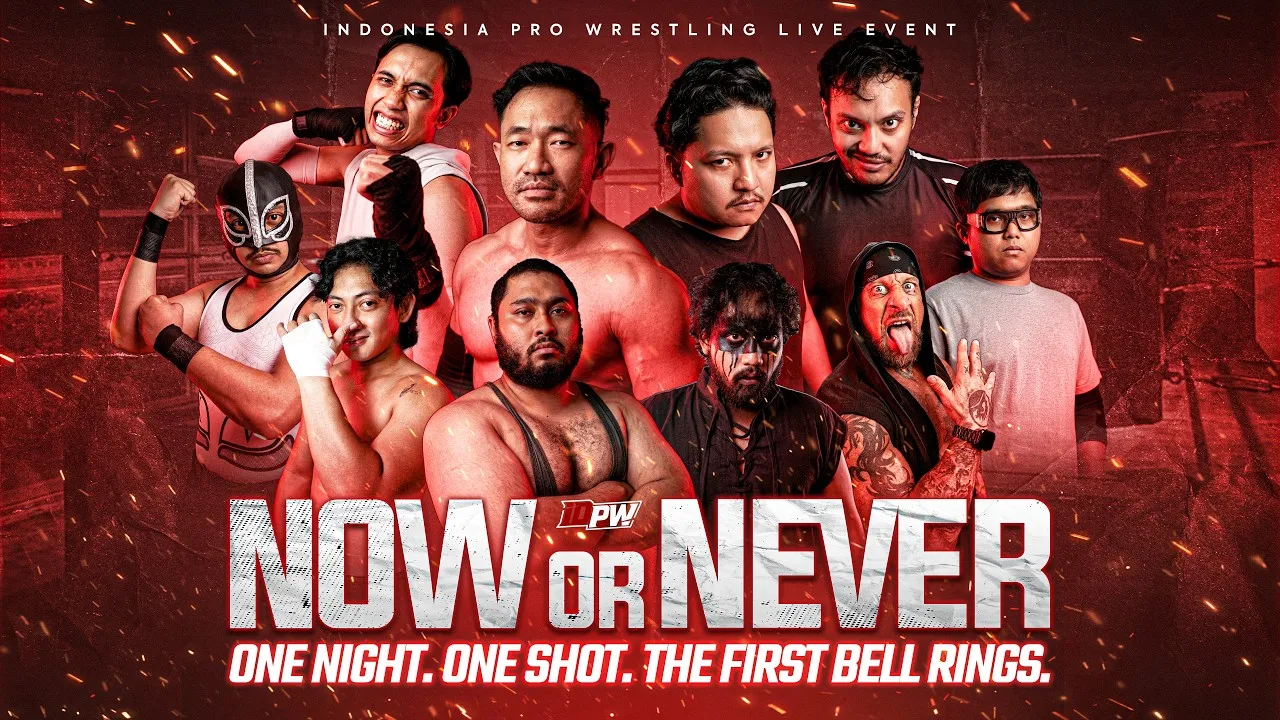 The official Now or Never poster: the full IDPW roster assembled under the event title